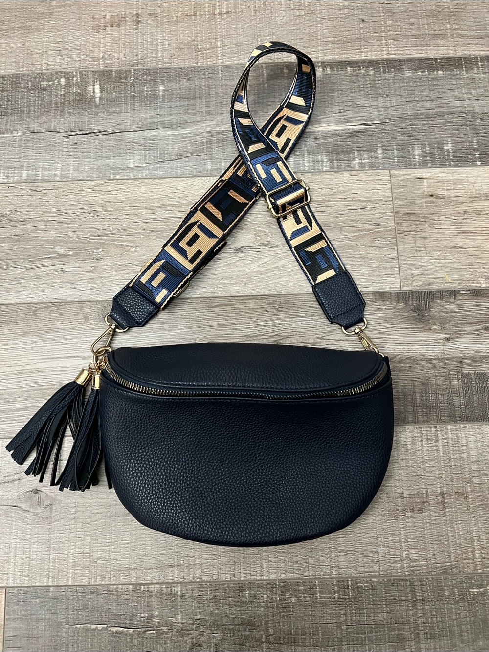 Black Leather Crossbody Bag with Patterned Strap